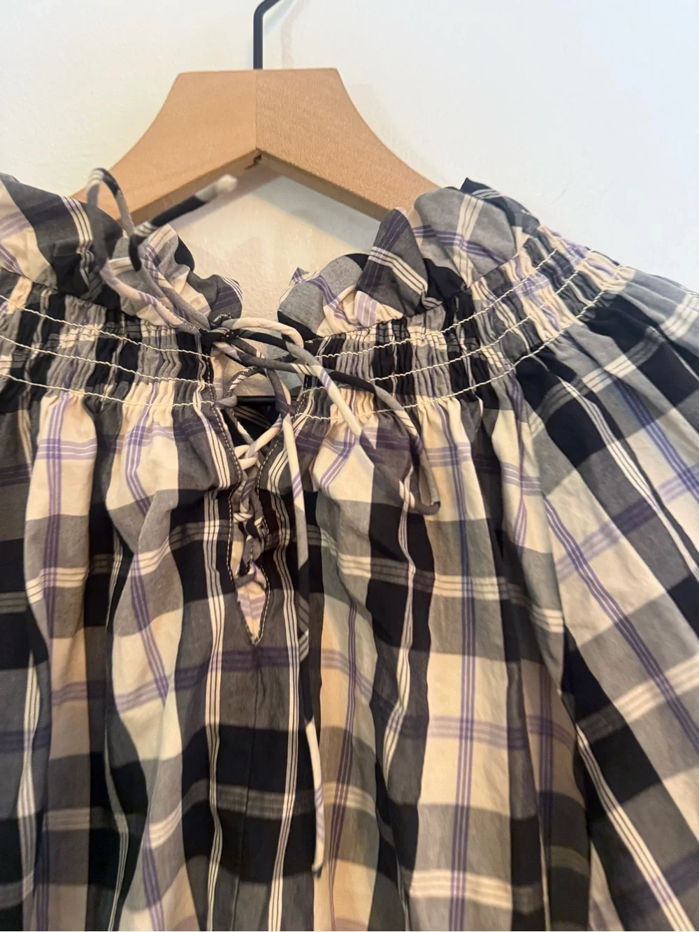 J. Crew Smocked-neck puff-sleeve‎ top in Friday plaid